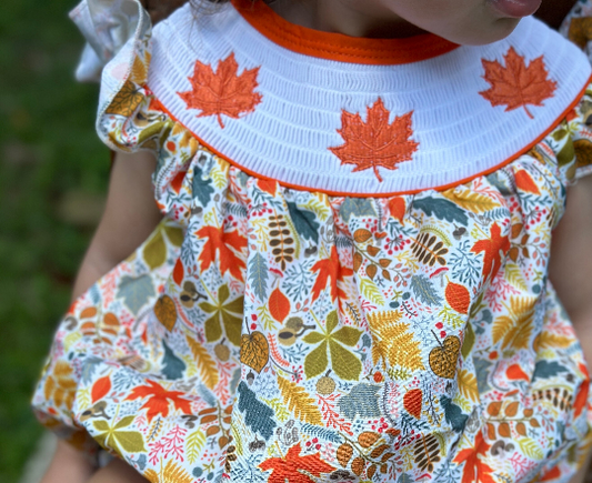Super Cute Toddler Fall Bubble Outfit with Smocked Fall Leaf Bodice