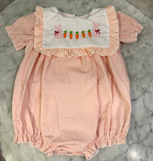 Adorable Girls Light Pink Swiss Dot Smocked Easter Bubble with Bunnies and Carrots - Perfect Spring Outfit