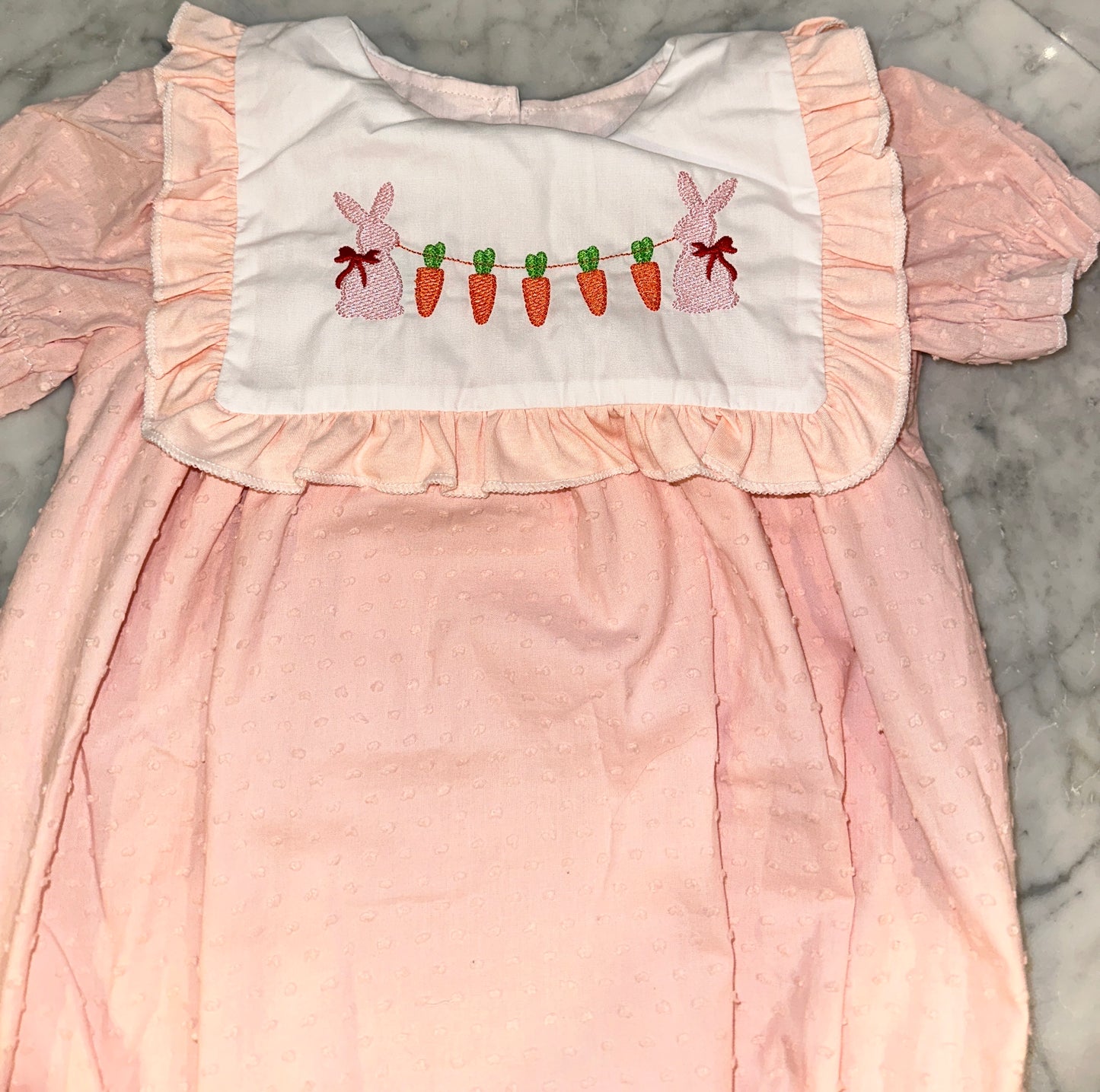 Adorable Girls Light Pink Swiss Dot Smocked Easter Bubble with Bunnies and Carrots - Perfect Spring Outfit