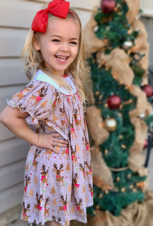 Reindeer Smocked Christmas Dress for Baby Girls and Toddlers