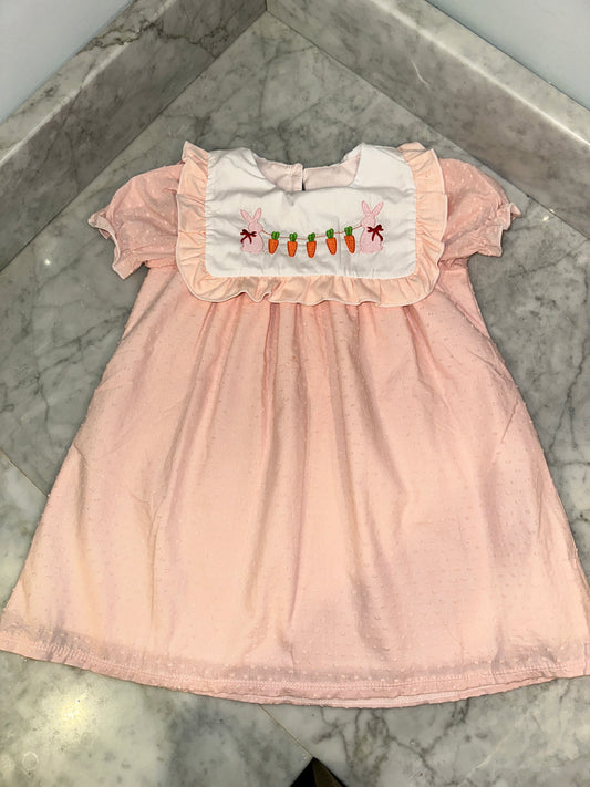Adorable Girls Light Pink Swiss Dot Smocked Easter Dress with Bunnies and Carrots - Perfect Spring Outfit