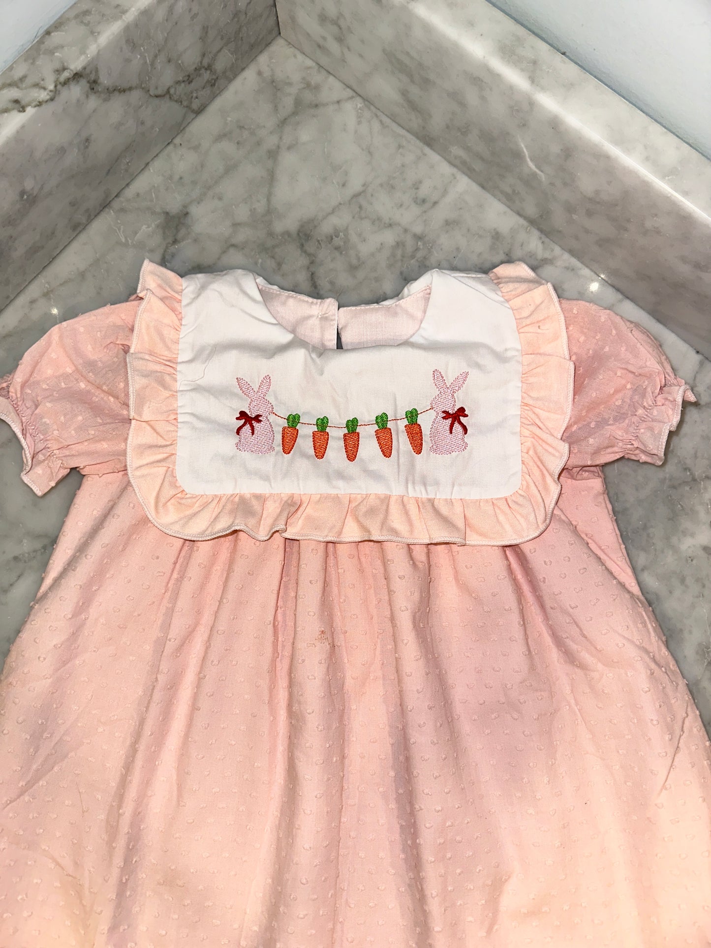 Adorable Girls Light Pink Swiss Dot Smocked Easter Dress with Bunnies and Carrots - Perfect Spring Outfit