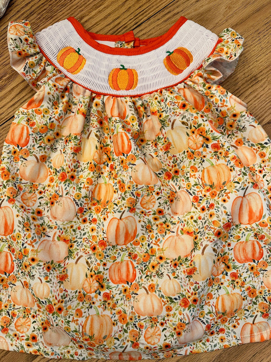 Adorable Baby Girl and Toddler Girls Smocked Pumpkin Fall Dress Adorned with Pumpkin Smocked Bodice.