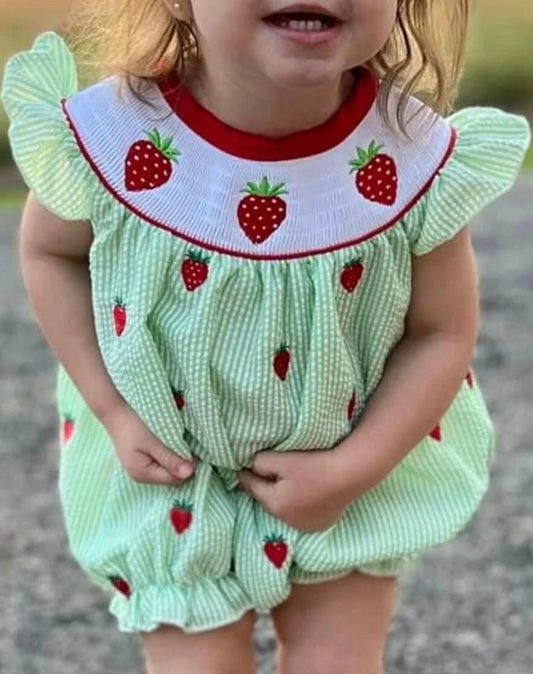 Smocked Strawberry Romper Bubble for Baby Girls