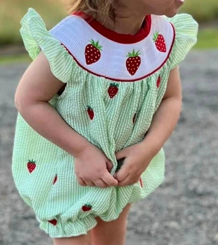 Smocked Strawberry Romper Bubble for Baby Girls